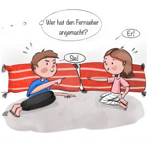 Illustration of children blaming each other for secretly turning on the TV