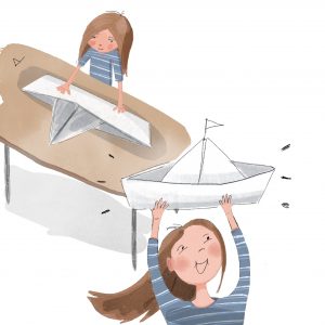 Cute children’s illustration of a girl making a paper airplane and holding a paper boat above her head.